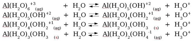 Reações de hidrólise do íon alumínio hidratado.
