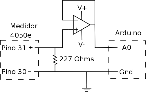 Diagrama das conexões entre o medidor 4050e, o amplificador operacional (como seguidor de voltagem) e a placa Arduino para a conversão analógico digital das medidas de OD.