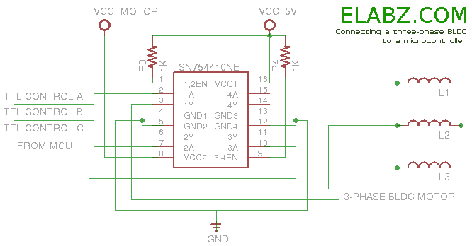 Diagrama do circuito para controle de motor BLDC de CD-ROM com uma Ponte H SN754410.(Fonte: http://elabz.com/bldc-motor-with-arduino-circuit-and-software/)