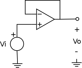Um amplificador operacional como seguidor de voltagem onde Vi = Vo.