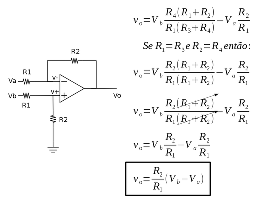 Fórmula simplificada para o cálculo de Vo em função de Va e Vb quando R1 = R3 e R2 = R4.