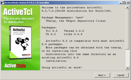 Tela inicial do instalador do interpretador Tcl ActiveTcl em ambiente Windows.(Fonte: Tcl 8.5 Networking Programming, 2010)