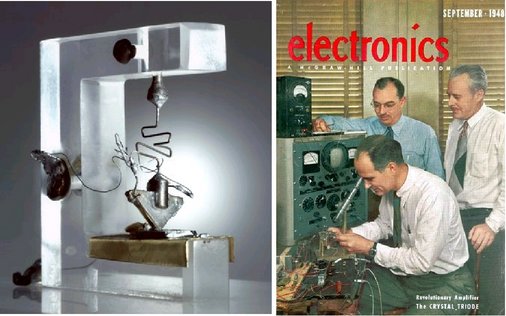 Primeiro transistor montado em 1947 nos Laboratórios Bell e ao lado a capa da revista "Electronics" comemorando a grande conquista.