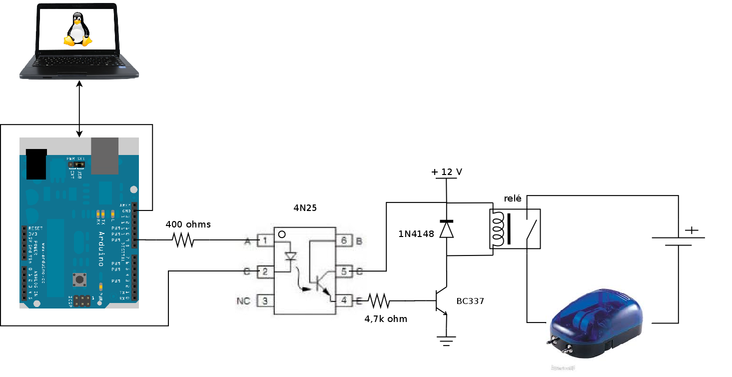 Diagram of the circuit used to control the aeration pump through an Arduino board.