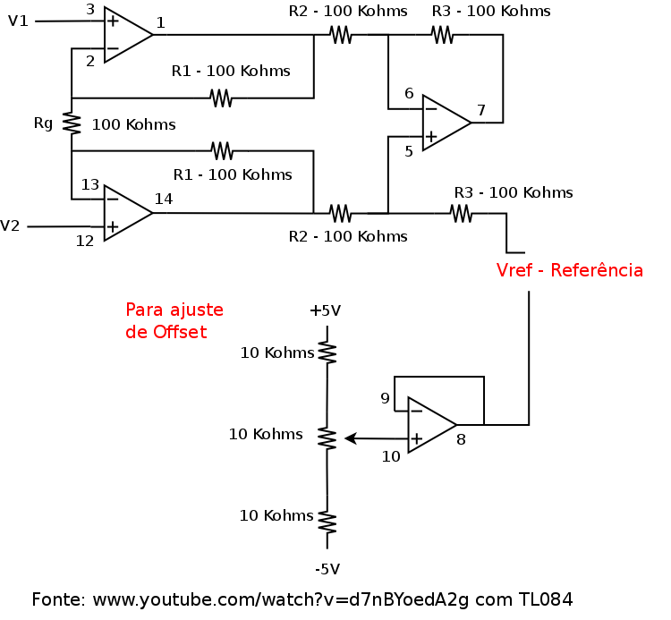 Circuito 5 - No vídeo: Amplificador de Instrumentacion con TL084 y celda de carga o autor mostra o uso do AO TL084 para amplificar o sinal da célula de carga de uma balança. E ainda mostra como aproveitar o AO restante para fazer o ajuste de offset.