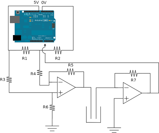 Diagrama do circuito com um divisor de tensão, amplificador diferencial e amplificador inversor para a geração de pulsos bipolares com o Arduino