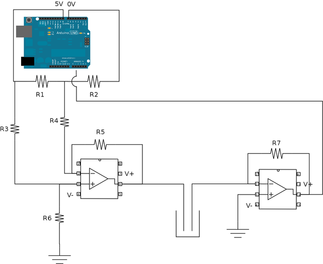 Diagrama do circuito com o AO 741 para a geração de pulsos bipolares com o Arduino