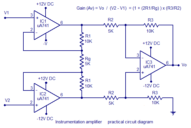Circuito 1 - Exemplo de um amplificador diferencial de instrumentação usando 3 amplificadores operacionais (Fonte: Instrumentation amplifier using opamp).