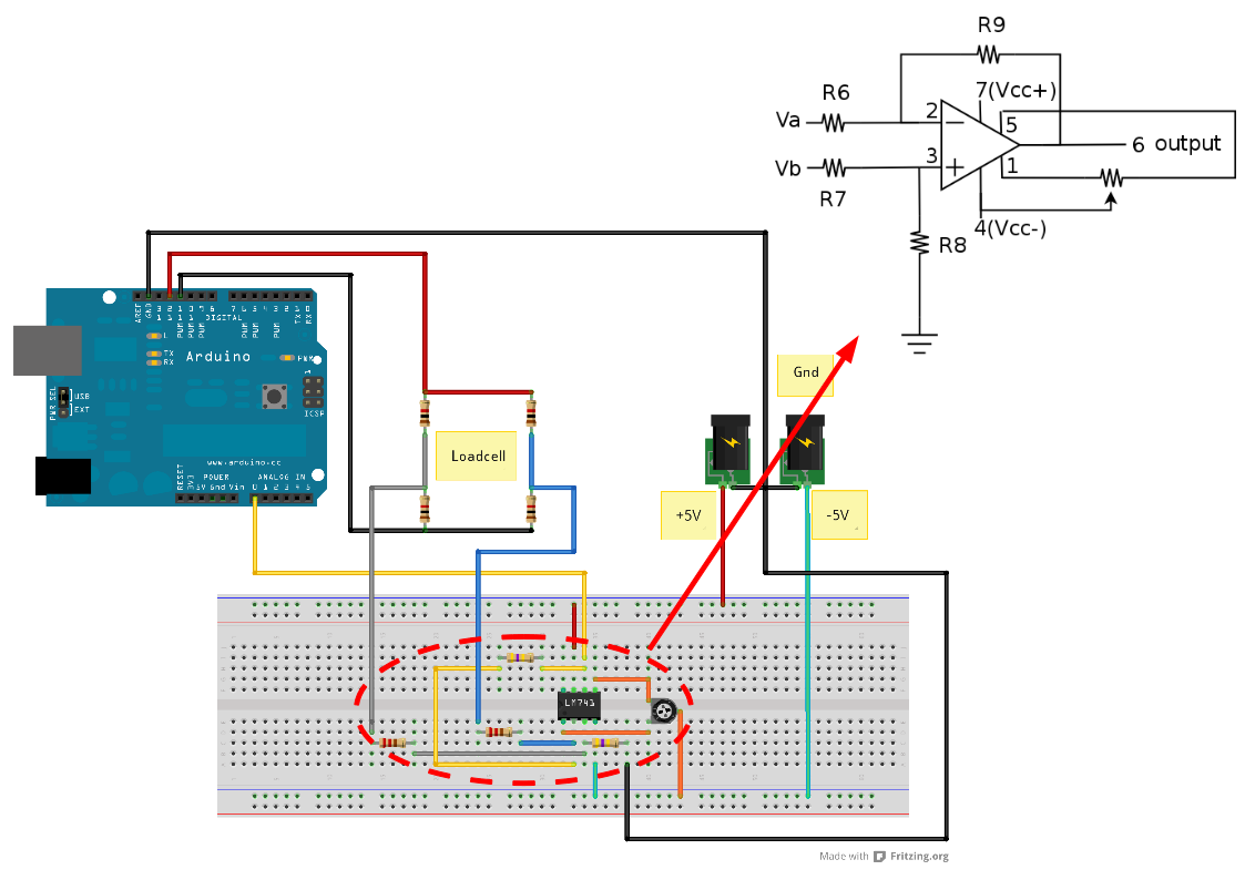 Diagrama do circuito amplificador na protoboard (ou placa de ensaio ou matriz de contato)