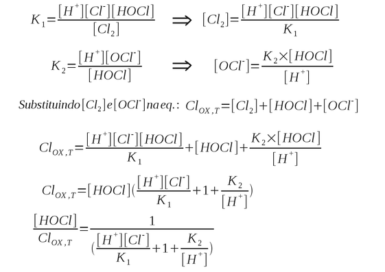 Dedução da equação para o cálculo da concentração relativa de HOCl. (Fonte: Water Chemistry, 2011 e www.atsdr.cdc.gov/toxprofiles/tp172-c4.pdf)