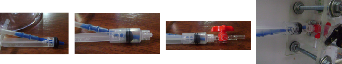 Conexão da mangueira de silicone do reservatório à torneira de 3 vias utilizando uma seringa de 5mL