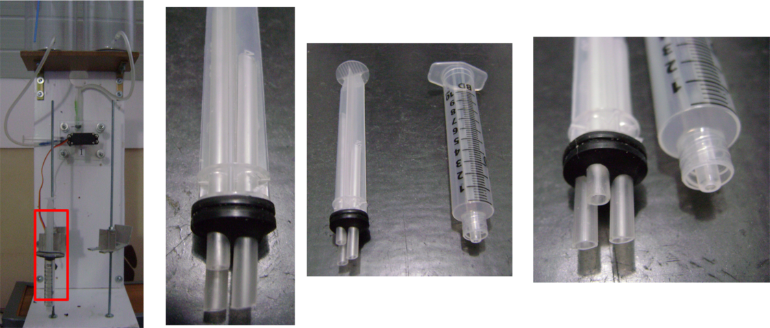Adaptação do êmbolo da seringa de 10mL para entrada da amostra, entrada de ar para o reservatório e equalização da pressão.