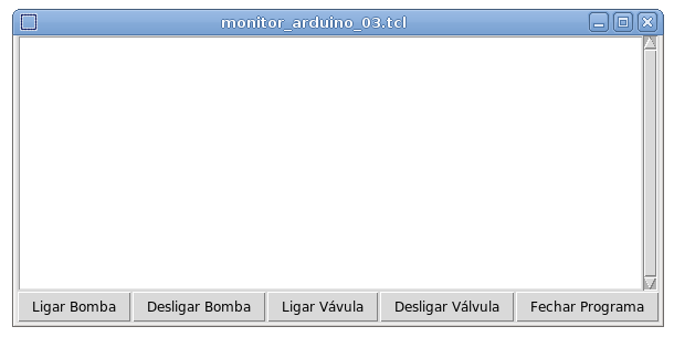 Tela do programa monitor_arduino_03.tcl incluindo os botões de controle e o texto para exibição das leituras do sensor.