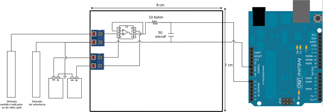 Diagrama do circuito de um potenciômetro para medidas de potencial redox (ORP) para montagem em uma PCI (tipo ilha) utilizando um Amplificador Operacional OP07 como um seguidor de voltagem.