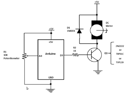 Projeto para controle de motor DC usando transístor (2N2222 ou TIP31C ou TIP120).