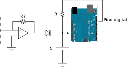 Diagrama do circuito “sample and hold” com um diodo (1N4148) e o descarregamento do capacitor feito por um pino digital do Arduino com uma resistência de 220 Ω para proteção.