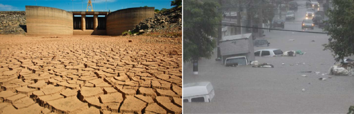 Foto do sistema Cantareira durante a seca (esquerda), e foto de uma enchente em São Paulo (direita).