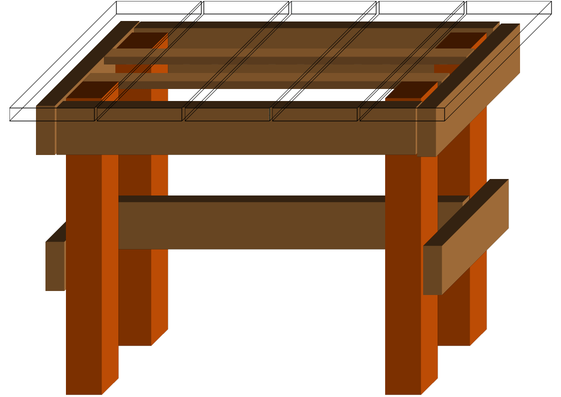 Mesa bancada indicando a posição adequada das réguas de fixação das tábuas de assoalho de Ipê.