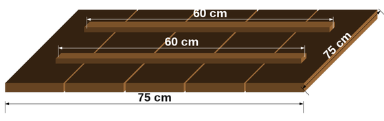 Estrutura do tampo com as duas réguas de 5cm de largura (60 cm comprimento) fixando as 5 tábuas de assoalho de Ipê.