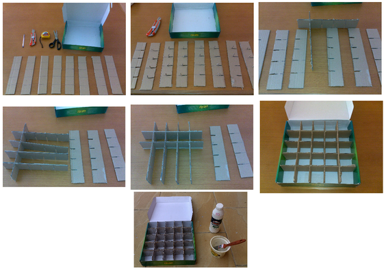 08/2015 - Montagem de uma caixa organizadora reutilizando caixas de placa-mãe e pedaços de papelão.