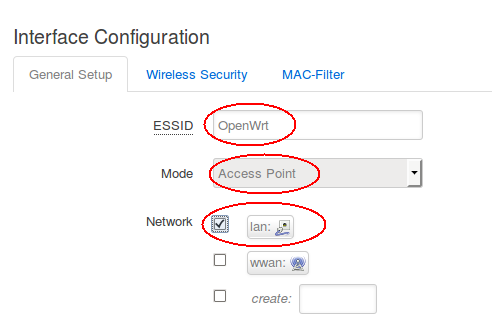 Configuração do modo “Access Point” na seção Interface Configuration.