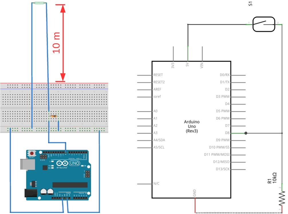 Montagem na protoboard e diagrama esquemático do circuito para monitoramento das oscilações da báscula do pluviômetro.